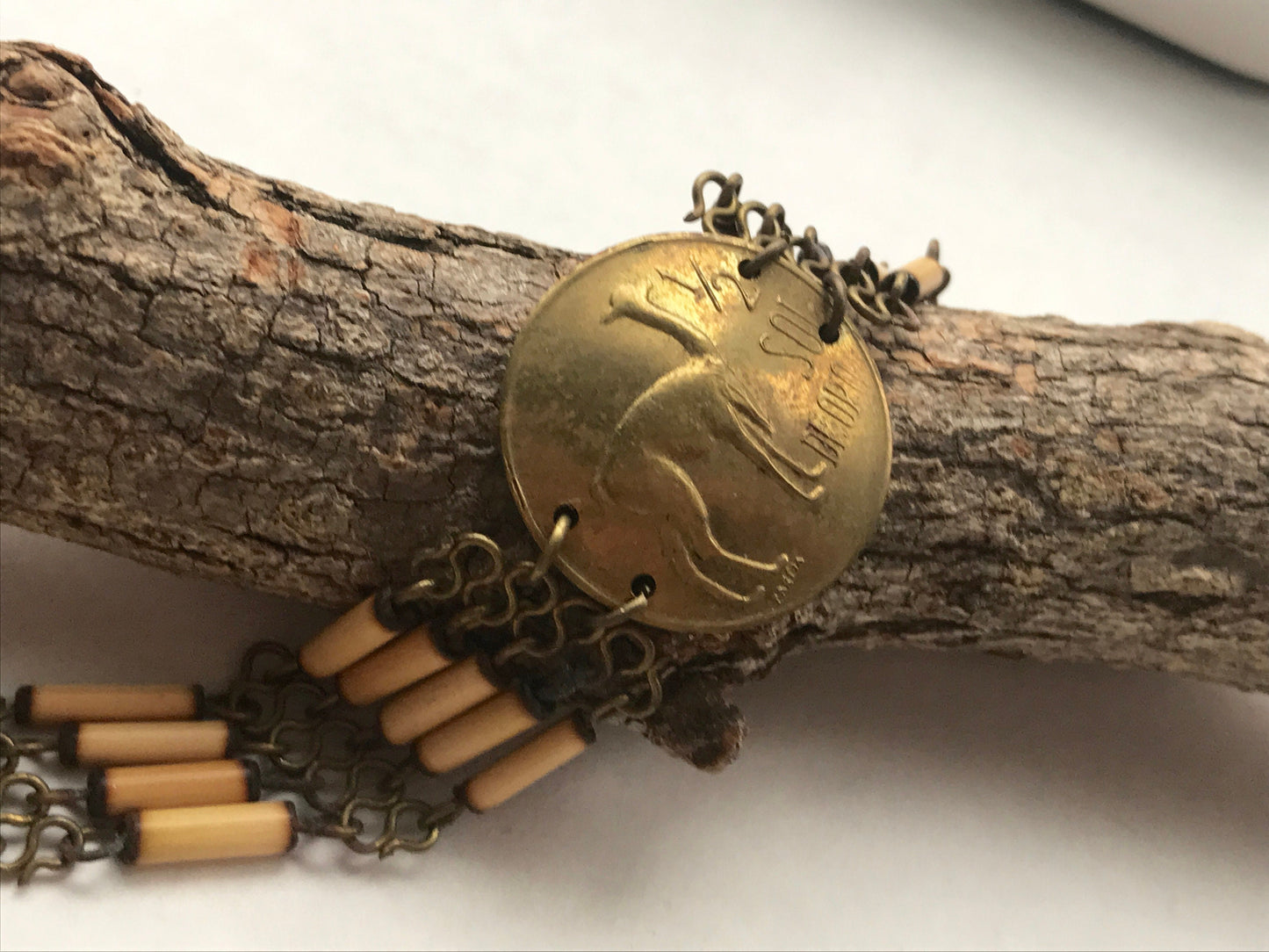 Very unique vintage genuine deoro pareia coin & wood bracelet - Peru