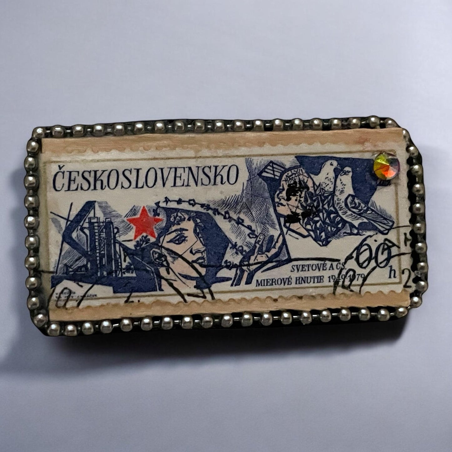 Pin or necklace pendant hand made from genuine vintage and antique postage stamps from around the world - Ceskoslovensko
