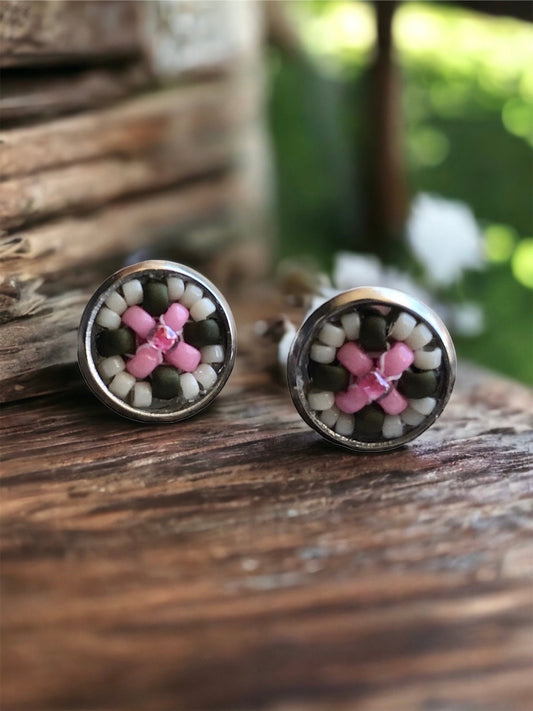 Stunning beadwork small stud earrings - light pink and olive green