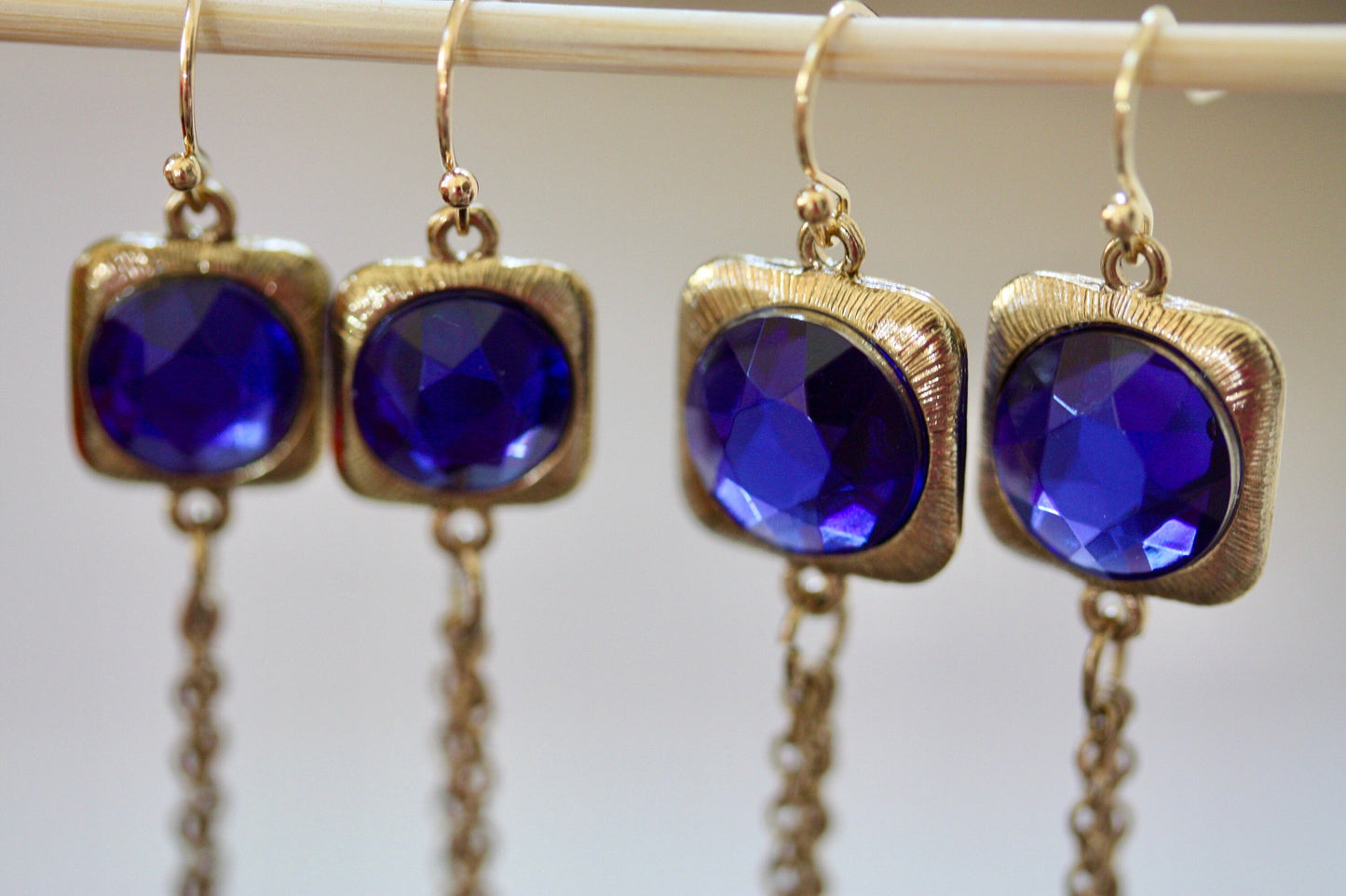 Super long 4-inch royal blue rhinestone and metal tassel dangle earrings