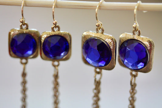 Super long 4-inch royal blue rhinestone and metal tassel dangle earrings