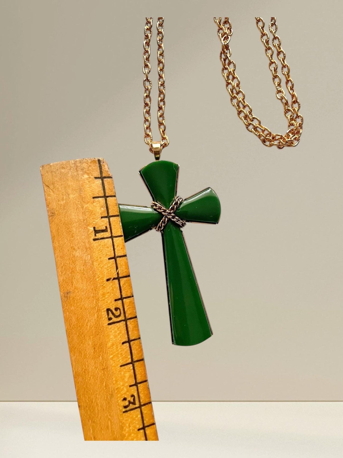 Vintage Avon Green Enamel Cross Pendant Necklace, Gold-Tone Chain, 1980s Avon Jewelry, Religious Statement Necklace