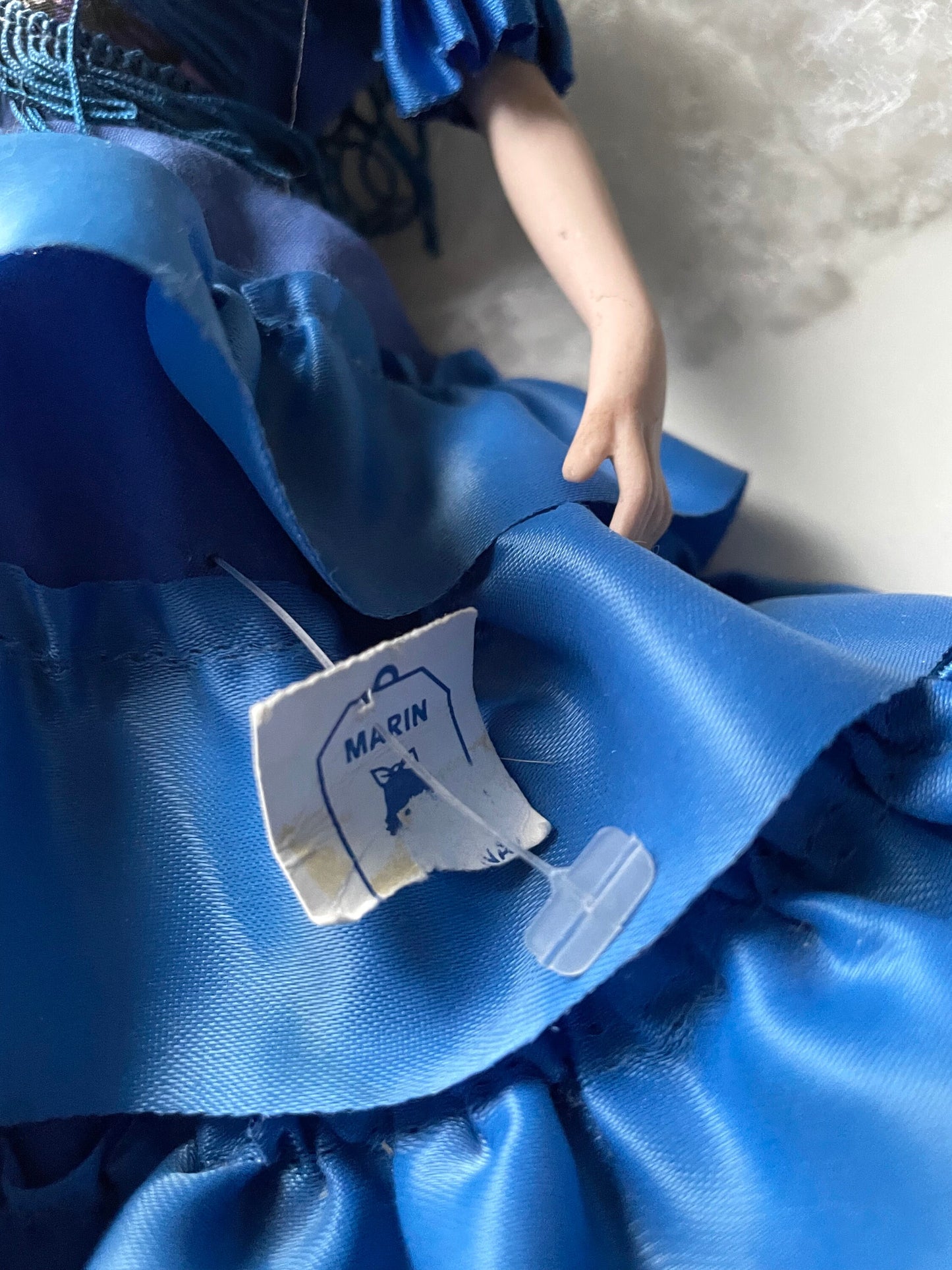 Stunning vintage Marin chiclana Spanish porcelain doll in beautiful royal blue dress with red hair flower and lace - from Valencia, Spain