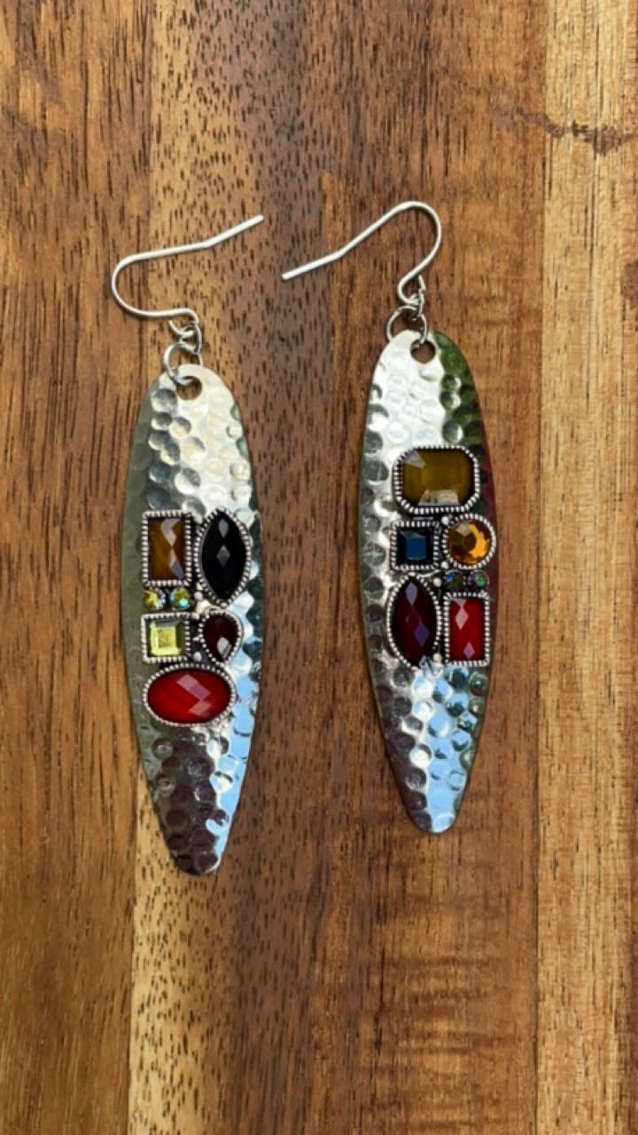 Hammered metal earrings with rhinestone studded mixed media collage