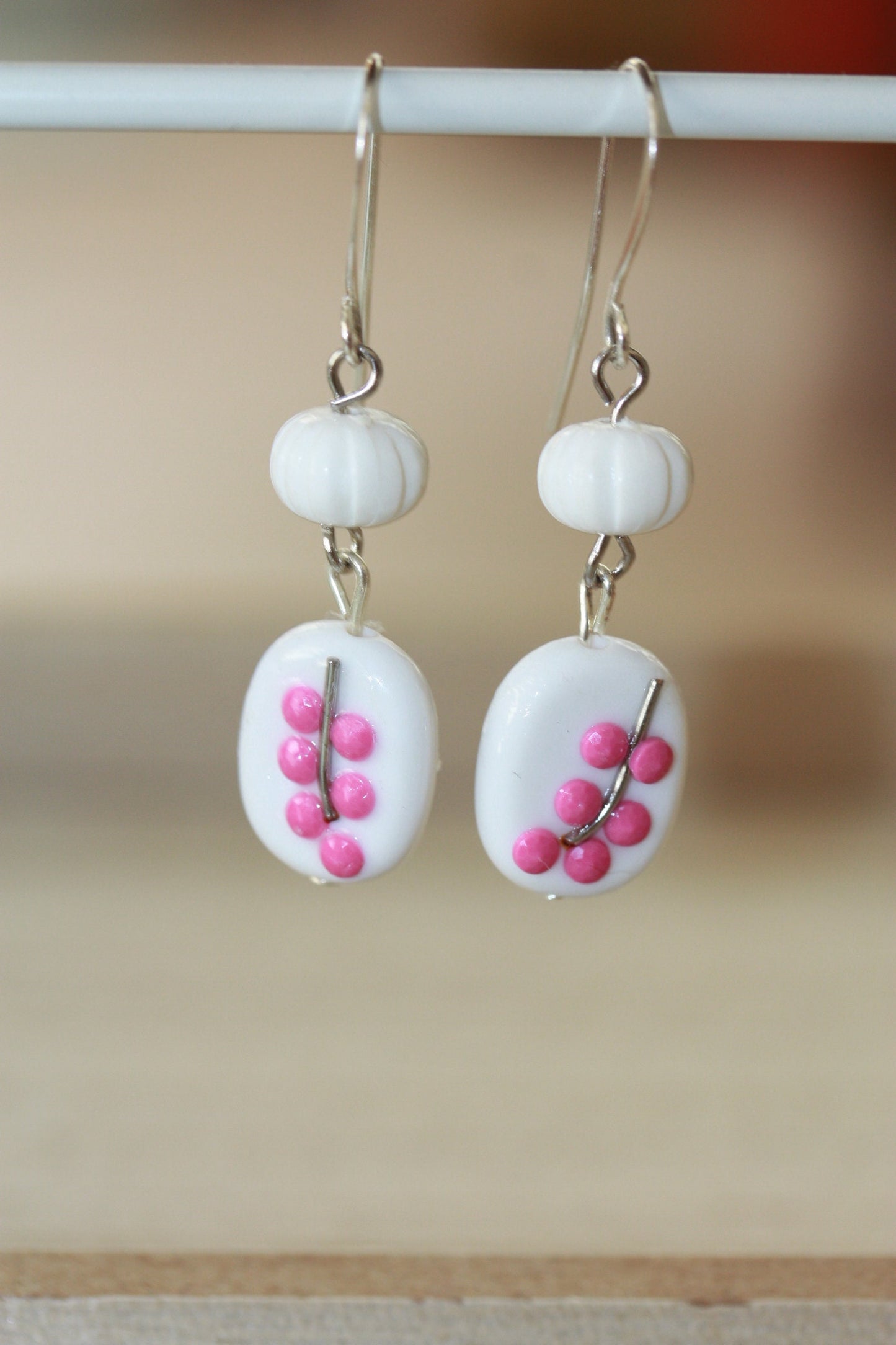 Sweet handmade pink dotted floral dangle earrings