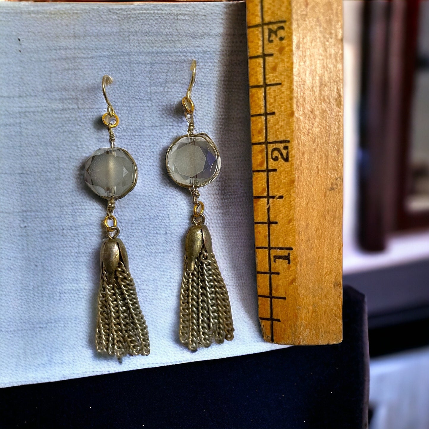Beveled silvery blue glass and metal tassel handmade earrings