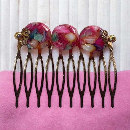 Vintage Confetti Lucite Hair Combs – Colorful Retro Glam with Black Bead Trim