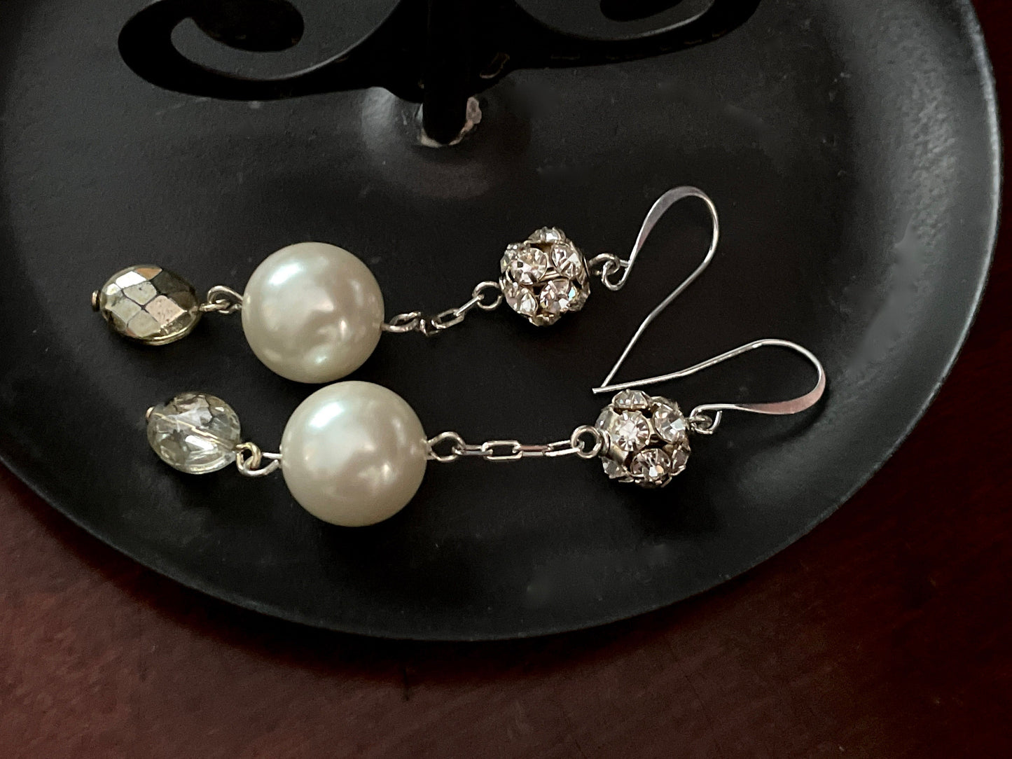 Rhinestone balls and pearls drop dangle earrings - sterling silver ear wires