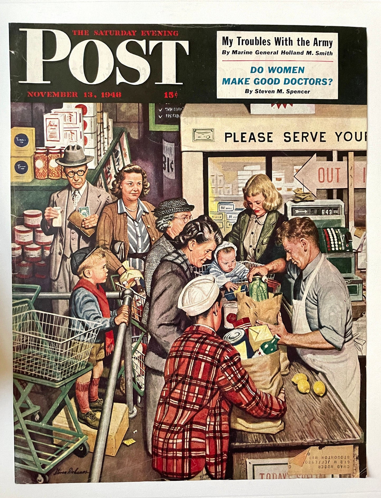 RARE - Saturday Evening Post - Original Cover - November 13, 1948 - market checkout