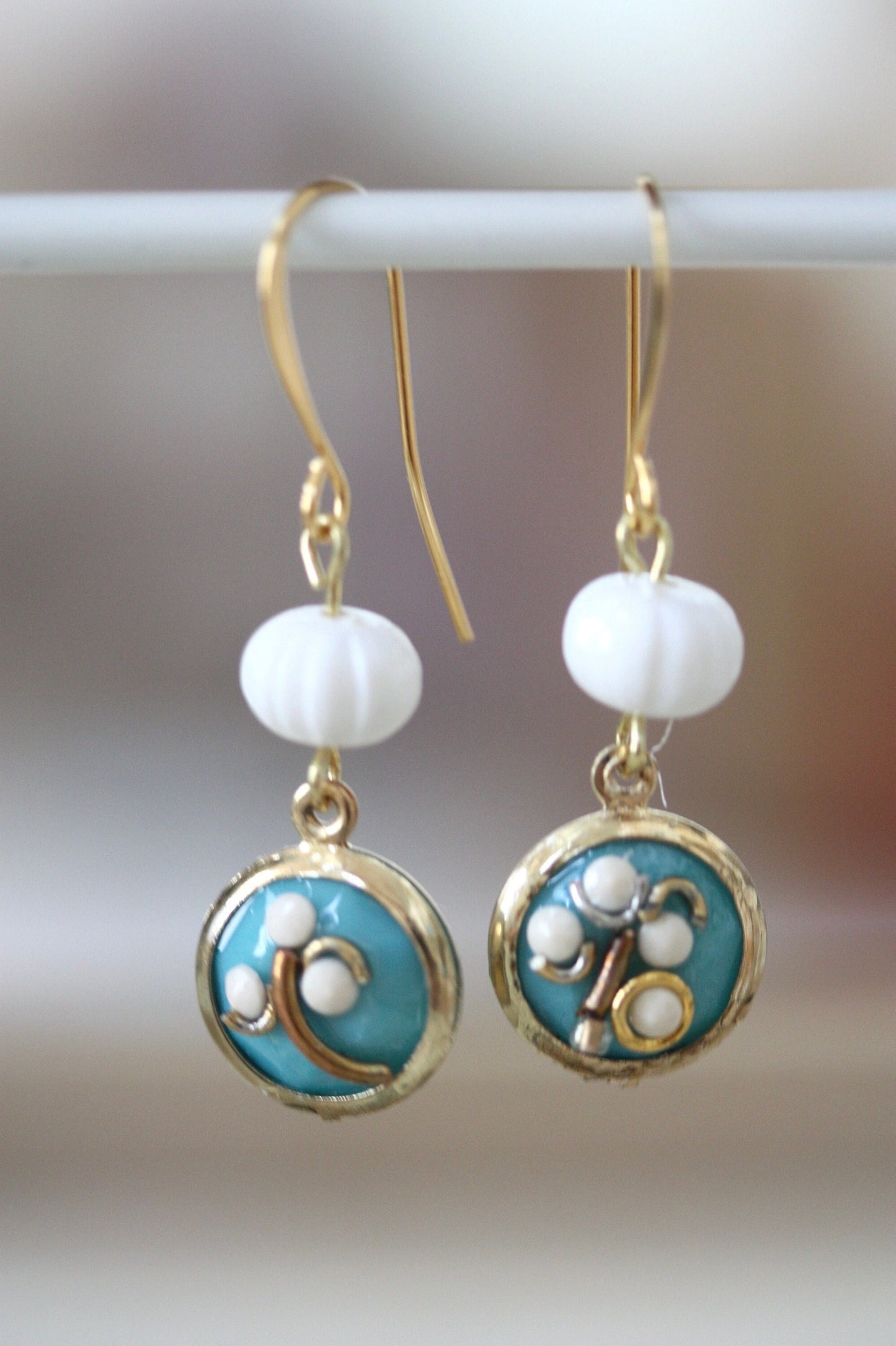 Sweet handmade white dotted blue floral dangle earrings