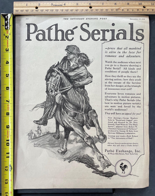 Original 1919 Saturday Evening Post Advertisement for the Pathe Silent Film Pathe Serials Movie - Dealton Valentine Art Ad - romantic ad