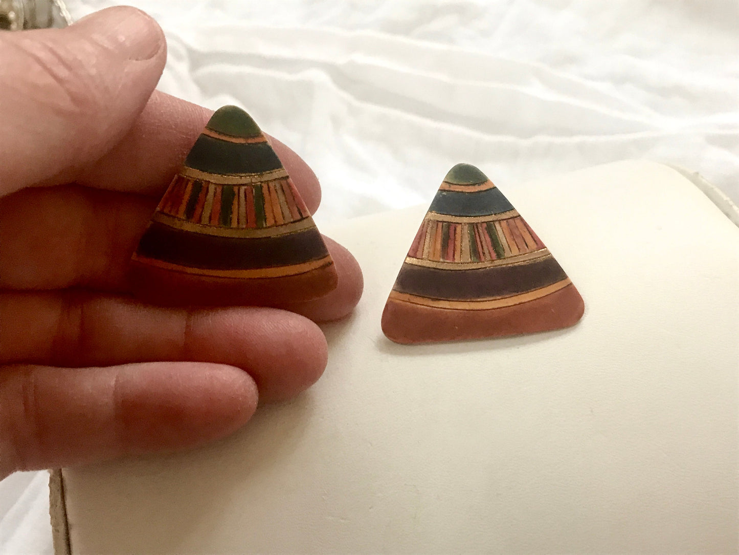 Vintage Ceramic clay triangular ethnic stud earrings