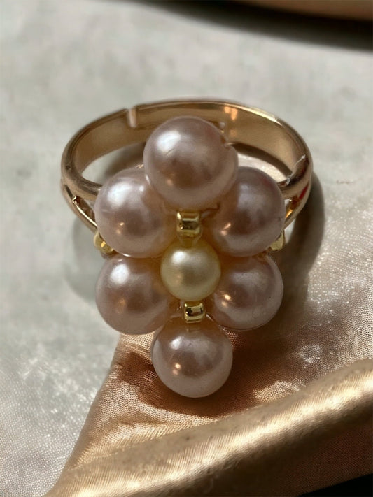 Adjustable ring handmade with pale pink and cream faux pearls