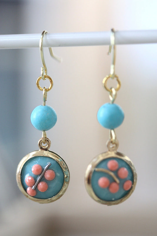 Sweet handmade peach dotted blue floral dangle earrings