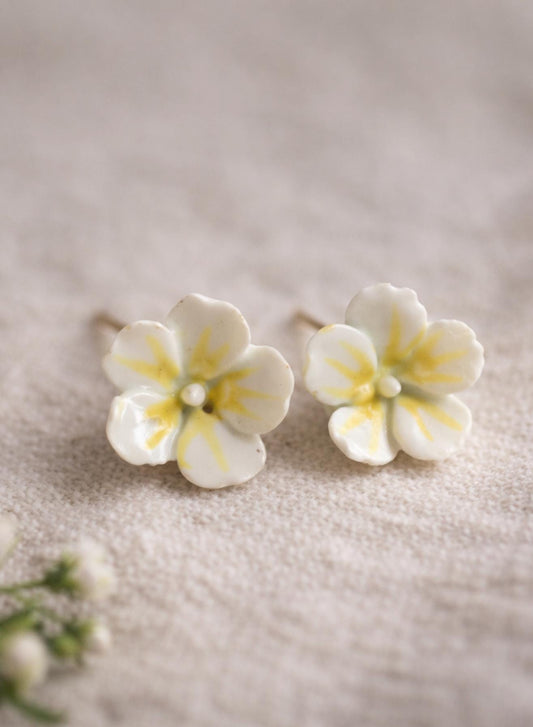 Vintage Porcelain Flower Stud Earrings, Hand Painted Floral Earrings, Cottagecore Botanical Jewelry, Tiny White Yellow Flower Studs