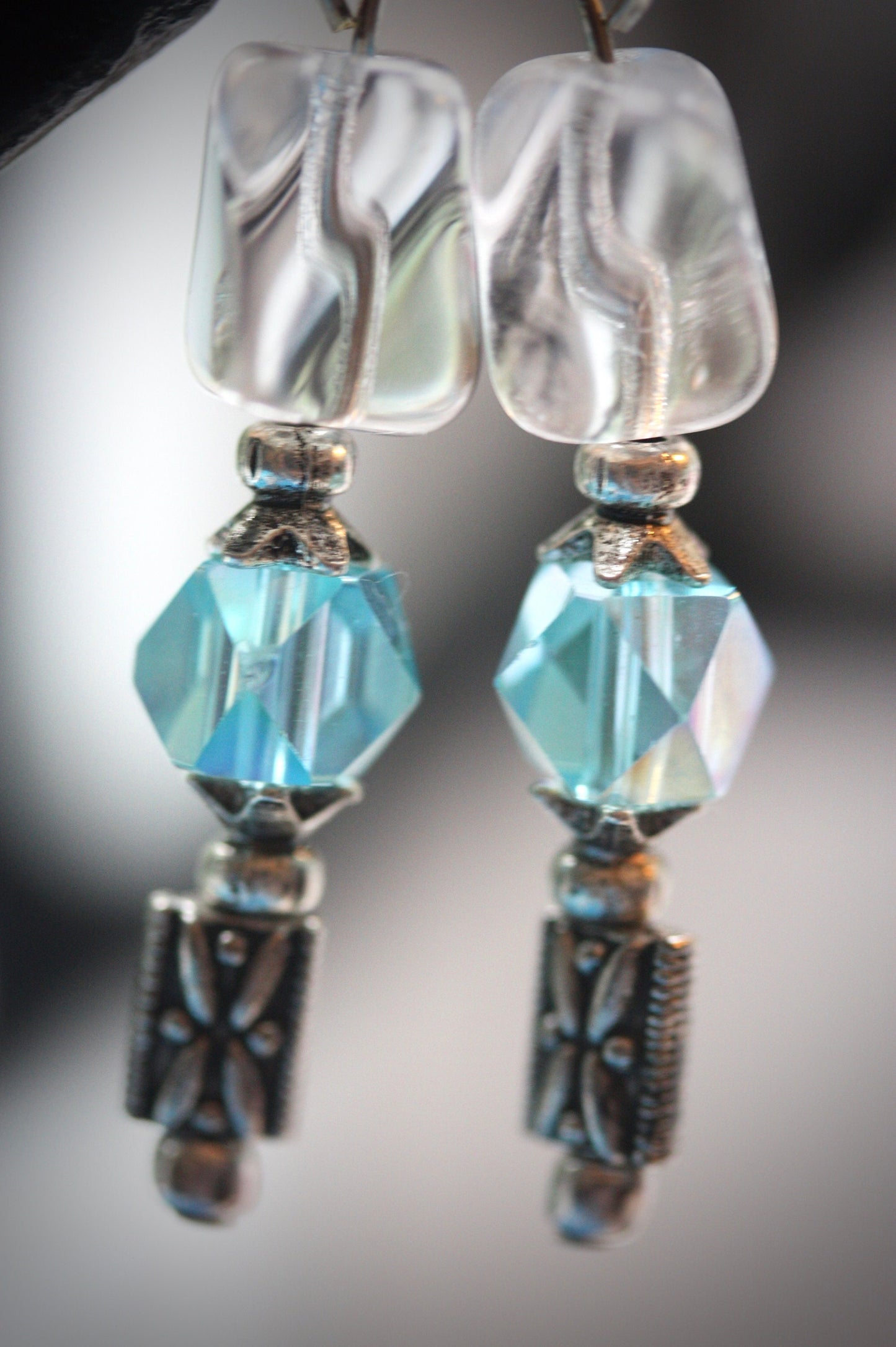 Blue crystal & uniquely shaped clear glass handmade dangle earrings