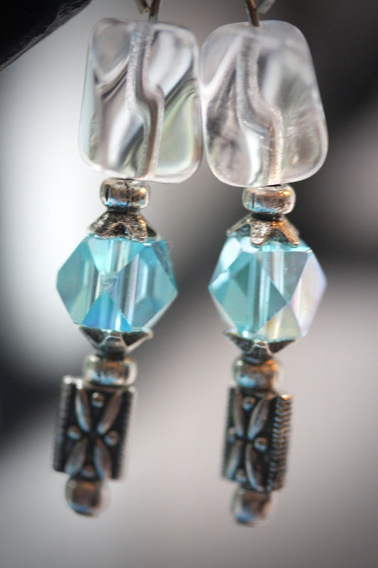 Blue crystal & uniquely shaped clear glass handmade dangle earrings