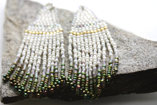 Hand beaded Native-American-Style stunning dangle beadwork earrings - shades of green and white with touches of silver crystal and gold
