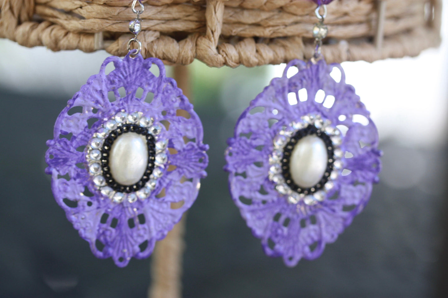 Purple, rhinestone and faux pearl mixed material dangle earrings