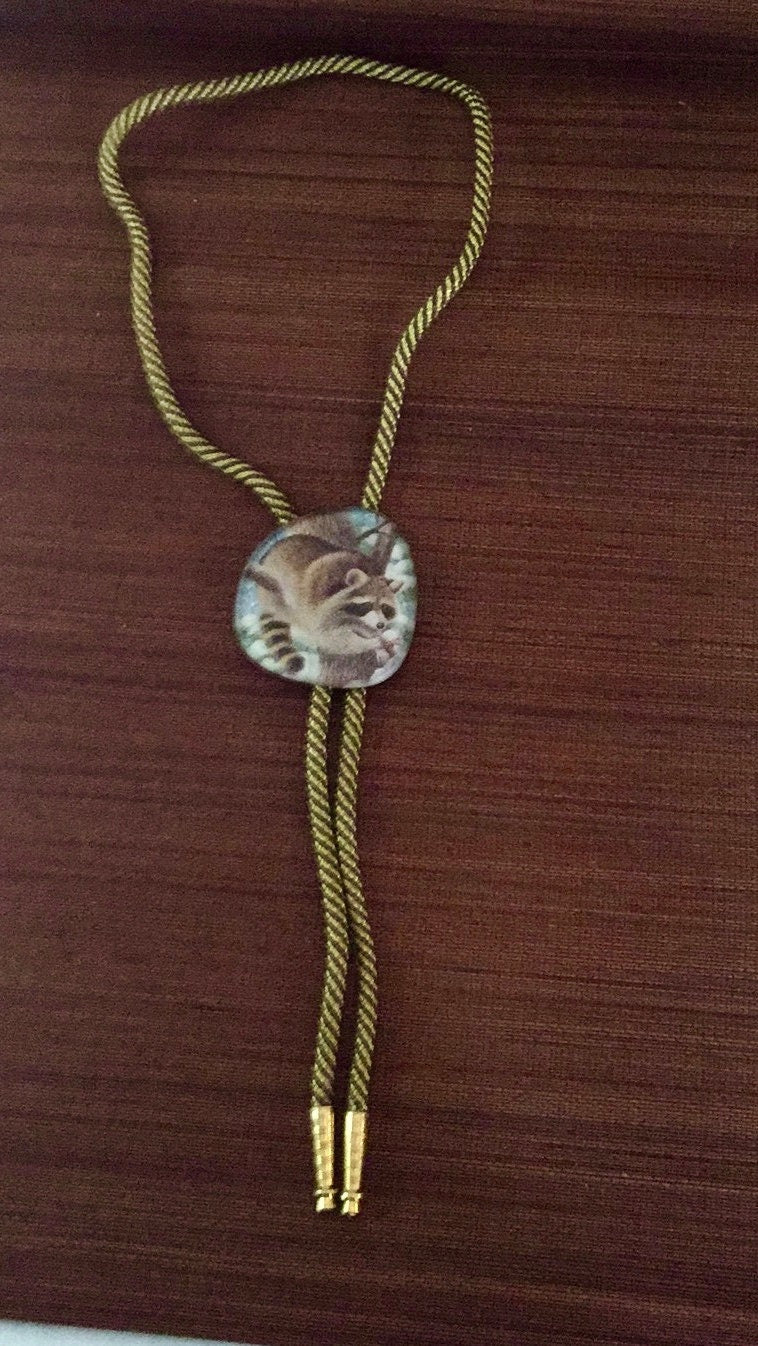 Unique upcycled / repurposed unique eyeglass raccoon vintage artisan bolo necklace