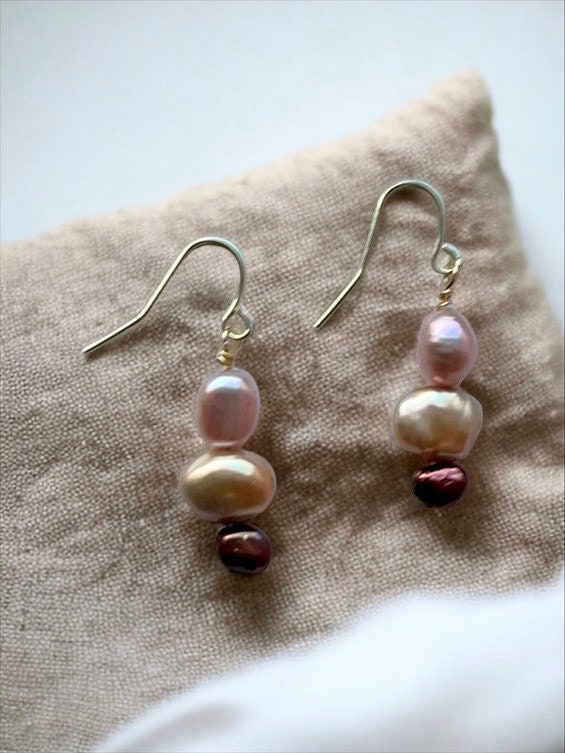 Handmade dangle earrings - with three colors of freshwater pearls - light pink, light cream and bronze