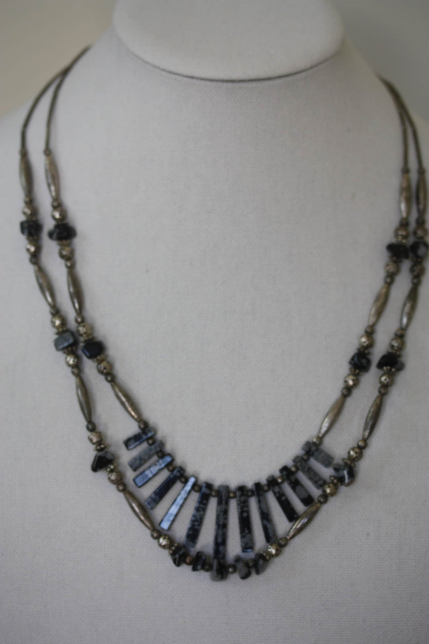 Stunning silver beaded snowflake obsidian double-stranded vintage artisan necklace