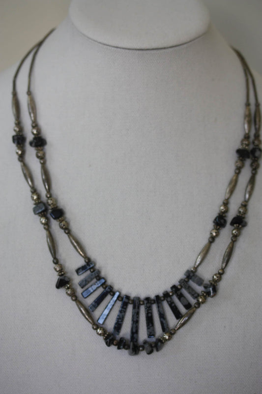 Stunning silver beaded snowflake obsidian double-stranded vintage artisan necklace