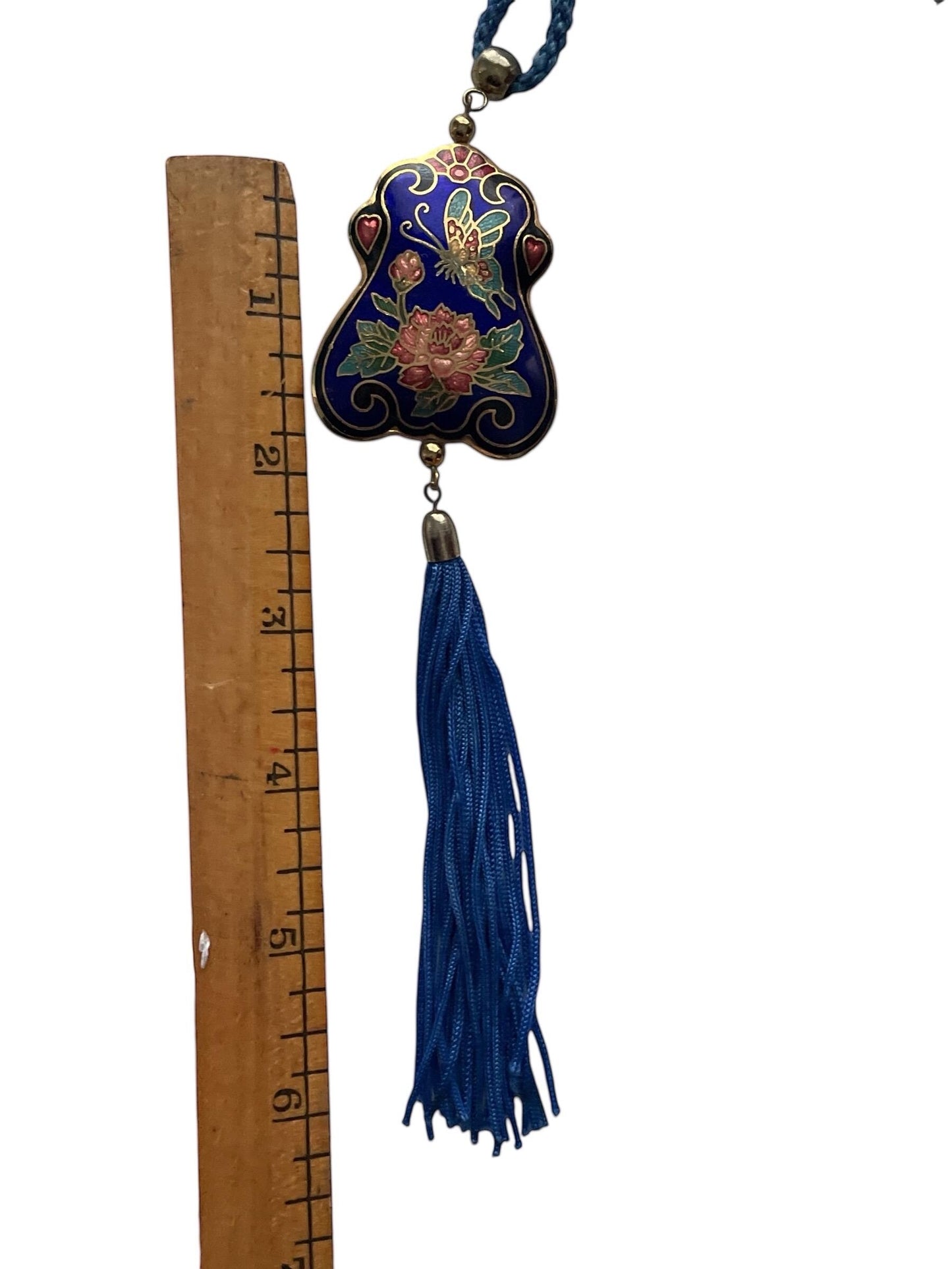 Vintage Cloisonné Floral Tassel Necklace Blue Enamel Asian Pendant