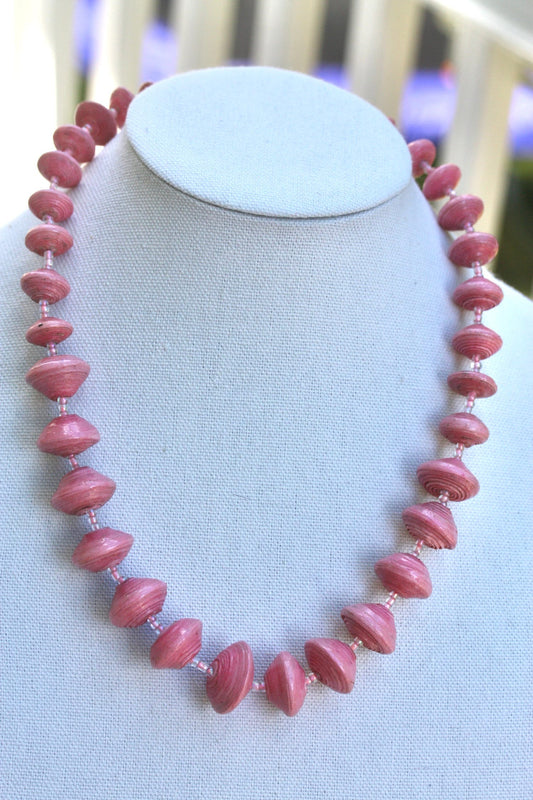 Long vintage various sized rolled paper light pink necklace