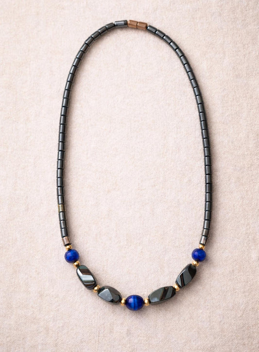 Vintage Hematite Cobalt Blue Bead Necklace, 90s Minimalist Choker, Gold Accent Statement Jewelry