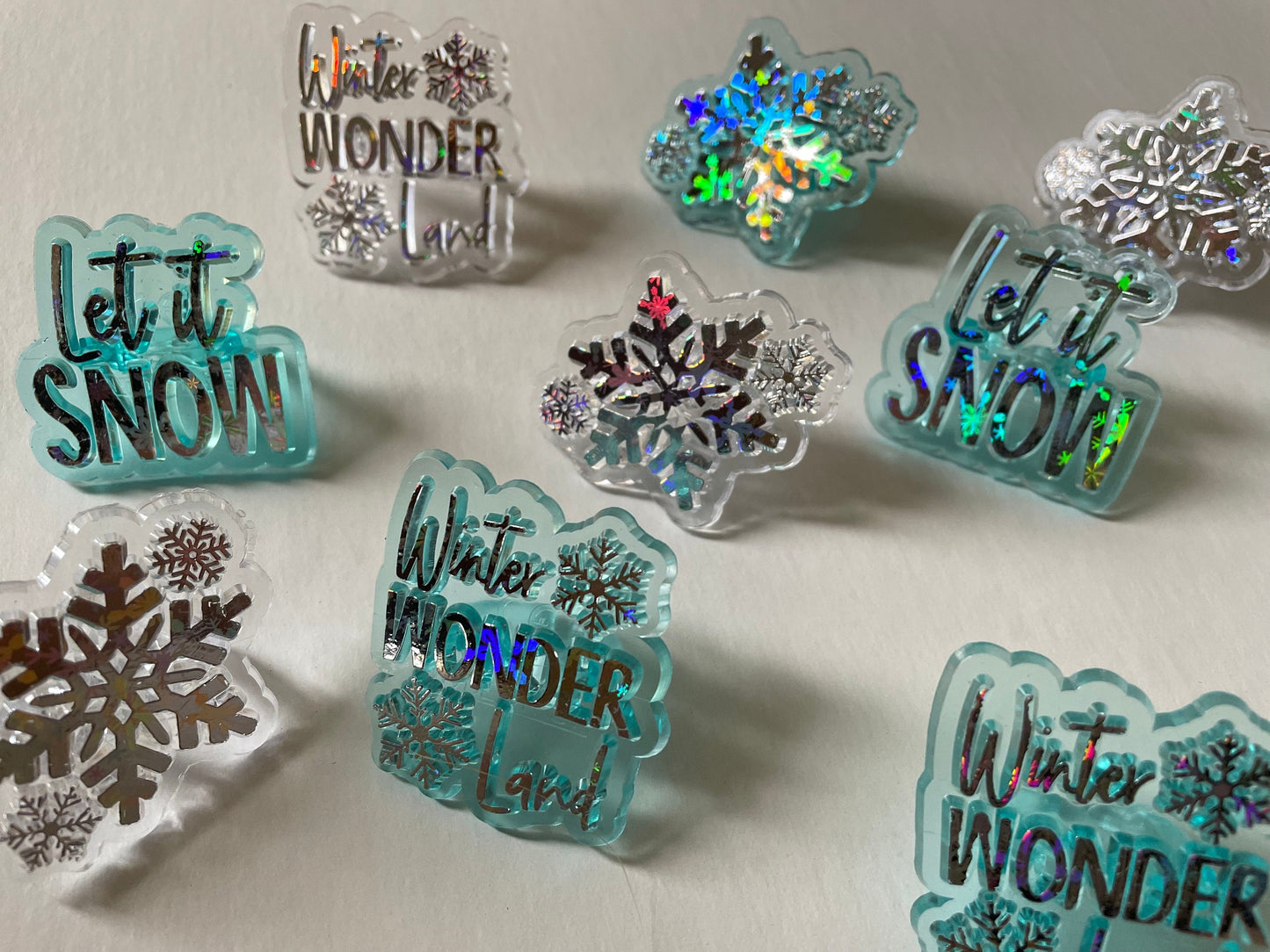 Winter themed plastic ring cake toppers - snowflakes, let it snow, winter wonderland - blue and clear iridescent
