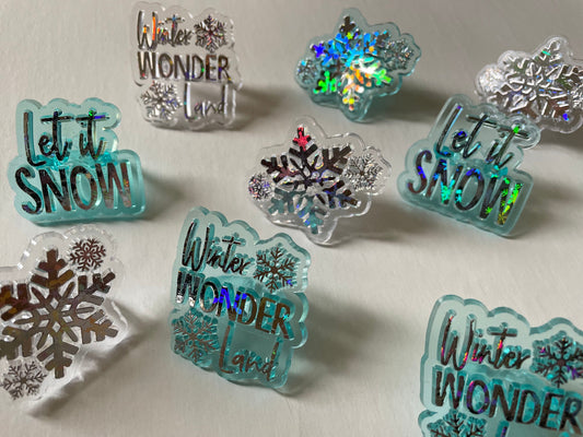 Winter themed plastic ring cake toppers - snowflakes, let it snow, winter wonderland - blue and clear iridescent