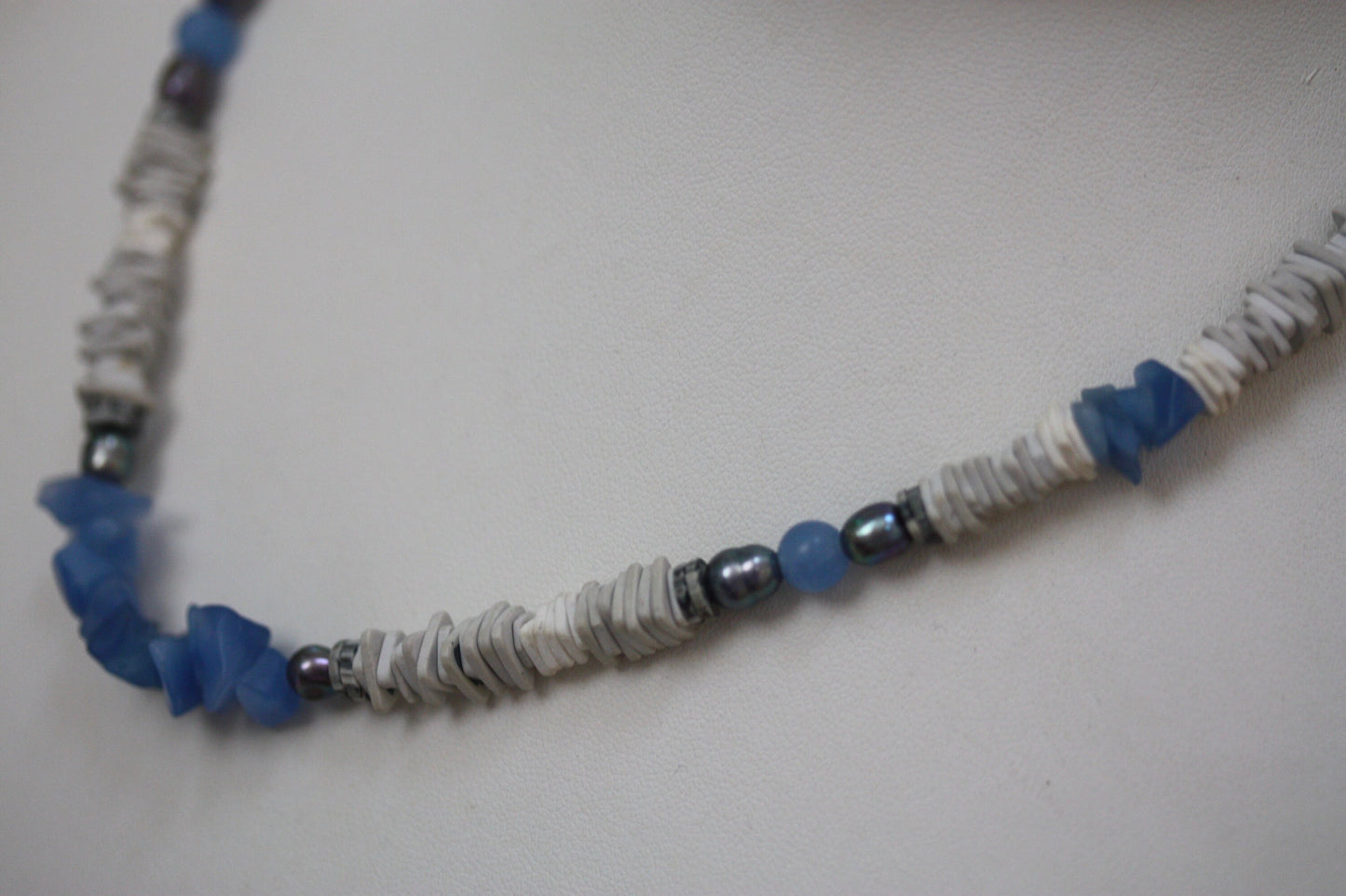 Unique vintage necklace with white shell heishi beads with blue semi precious stone chips