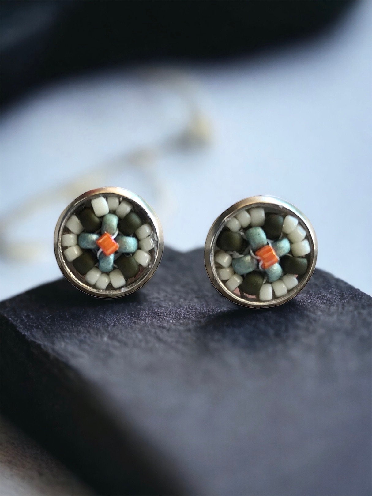 Stunning beadwork small stud earrings - light  turquoise, orange and olive green