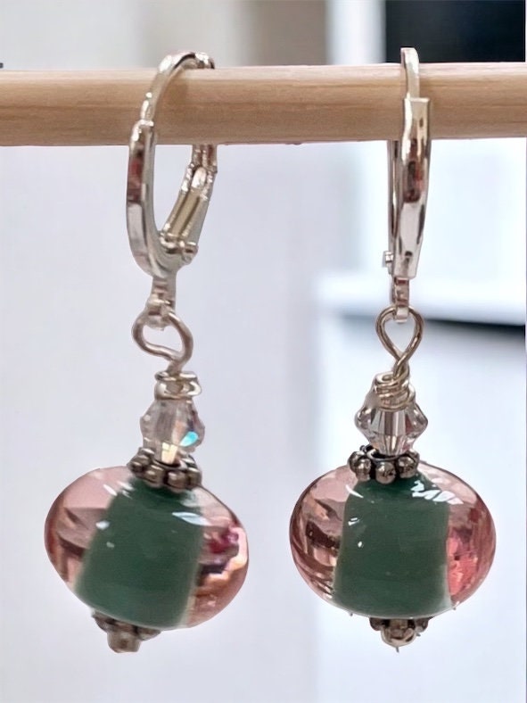 Stunning celadon green and clear glass huggie dangle earrings