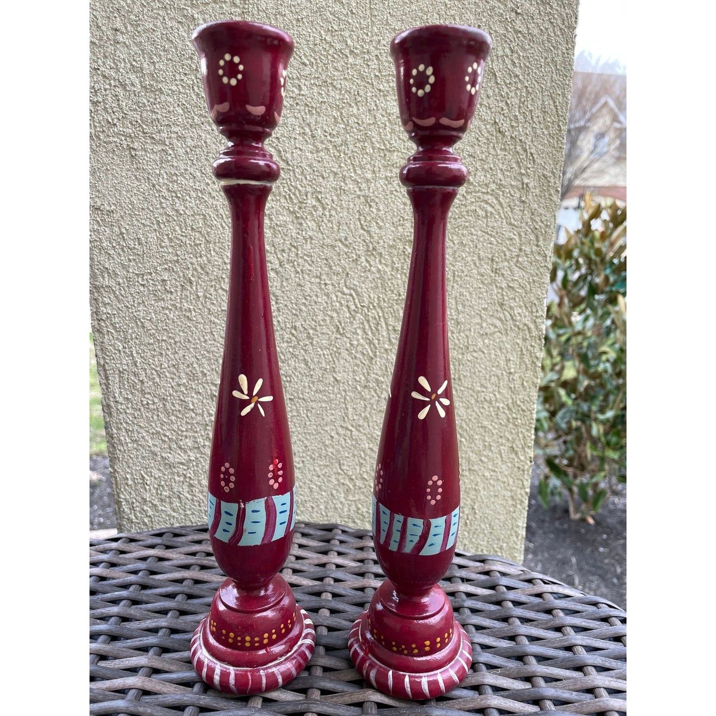 Charming vintage painted wood candlestick holders - folk art style