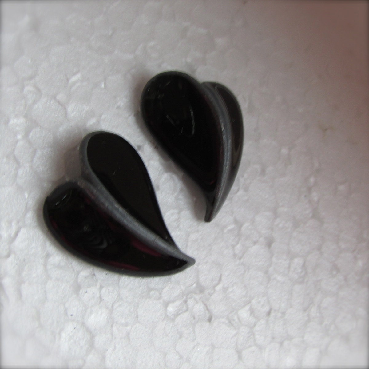Unique black heart earrings - black shiny enamel over gray metal vintage heart earrings