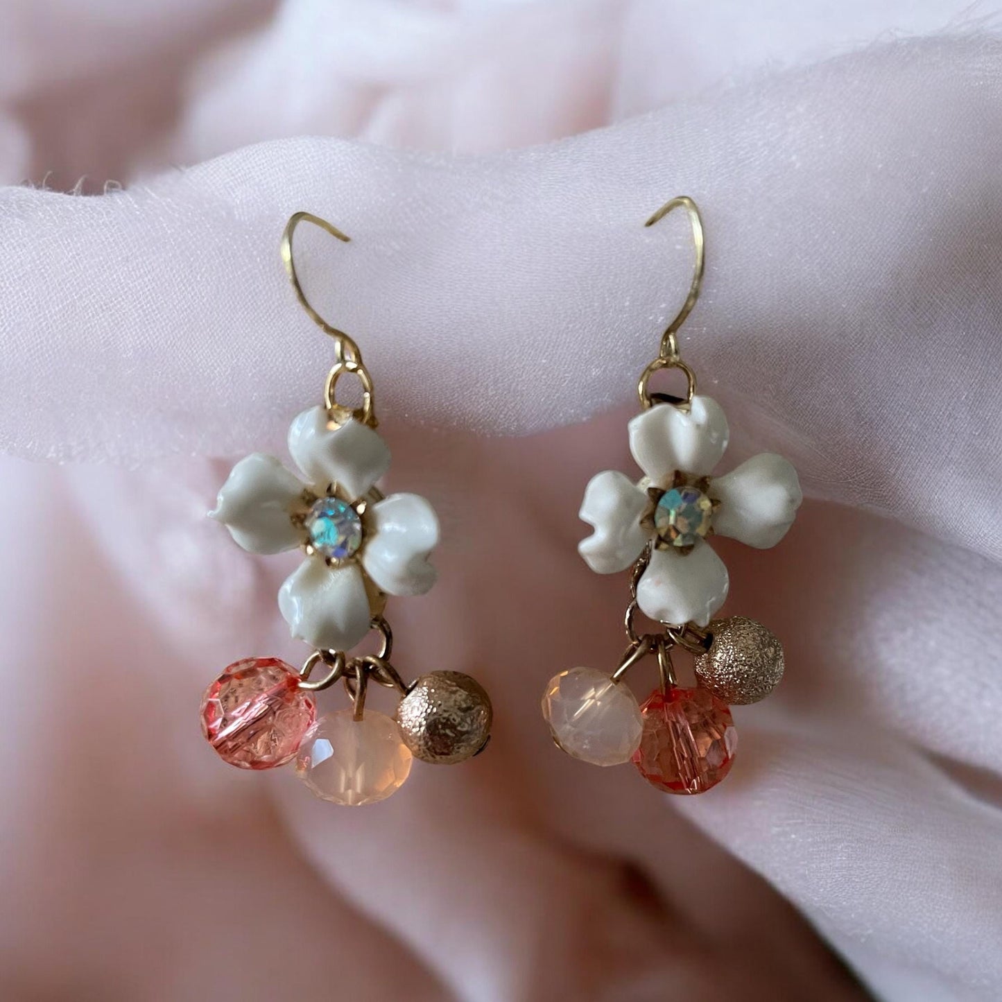 Charming little dangle earrings - white rhinestone studded vintage flower with pink and gold dangle beads