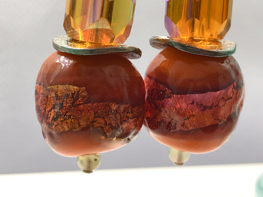Handmade earrings - made of vintage orange porcelain beads with fused foiled glass and orange glass faceted crystals