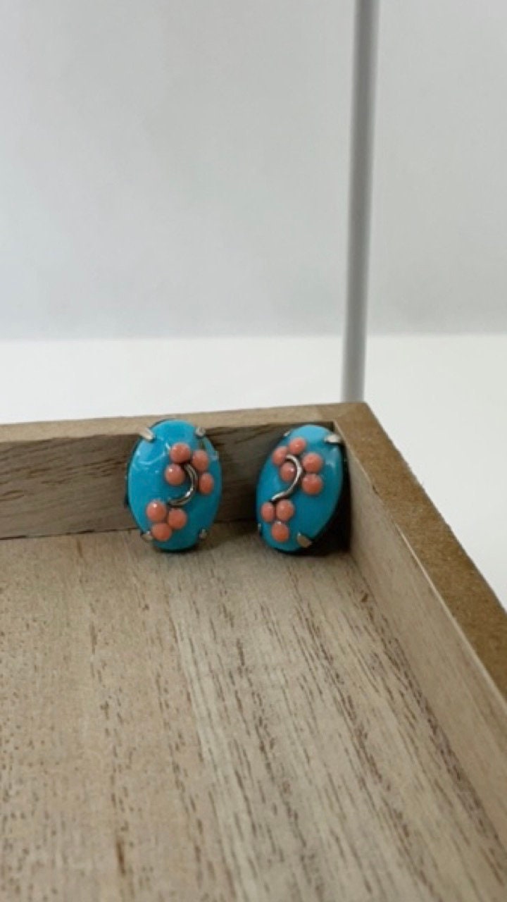 Asian inspired blue and peach floral handmade stud earrings with sterling silver ear wires