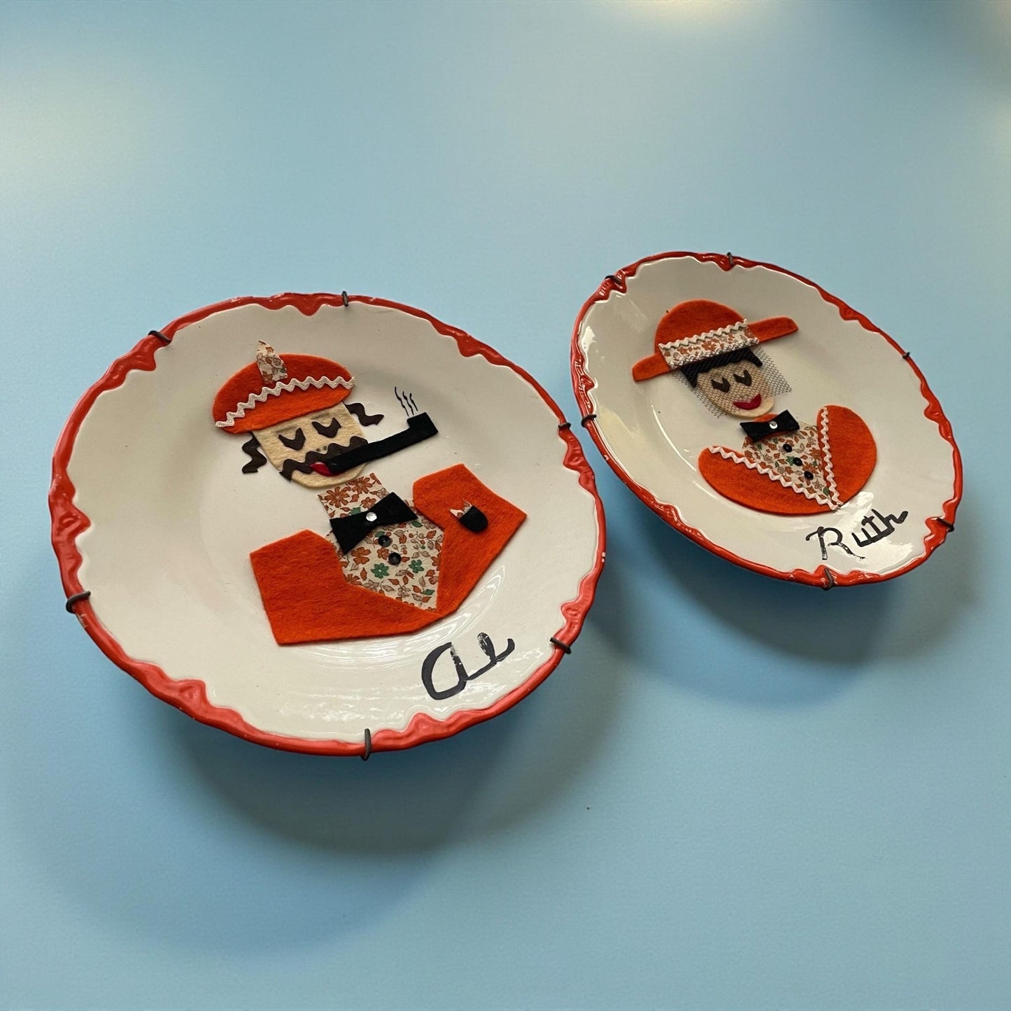 Vintage Felt Art Wall Plates, Retro Folk Art, Mid Century Wall Hanging Set - possibly the most charming portrait plates!  Meet RUTH & AL