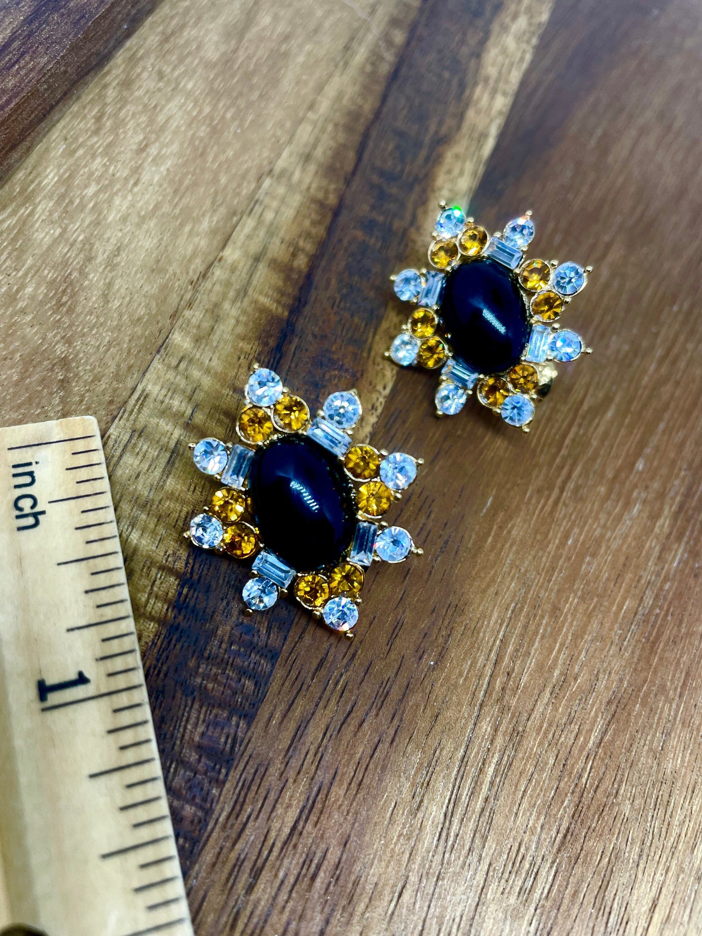 Vintage Runway Couture Black Enamel & Crystal 1980's rare signed Monet clip earrings