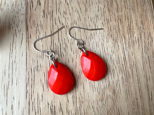 Simple upcycled orangish red teardrop dangle earrings