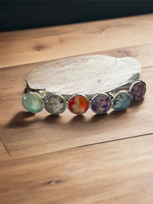 Unique handmade Hair barrette featuring world leaders - made from postage stamps from around the world