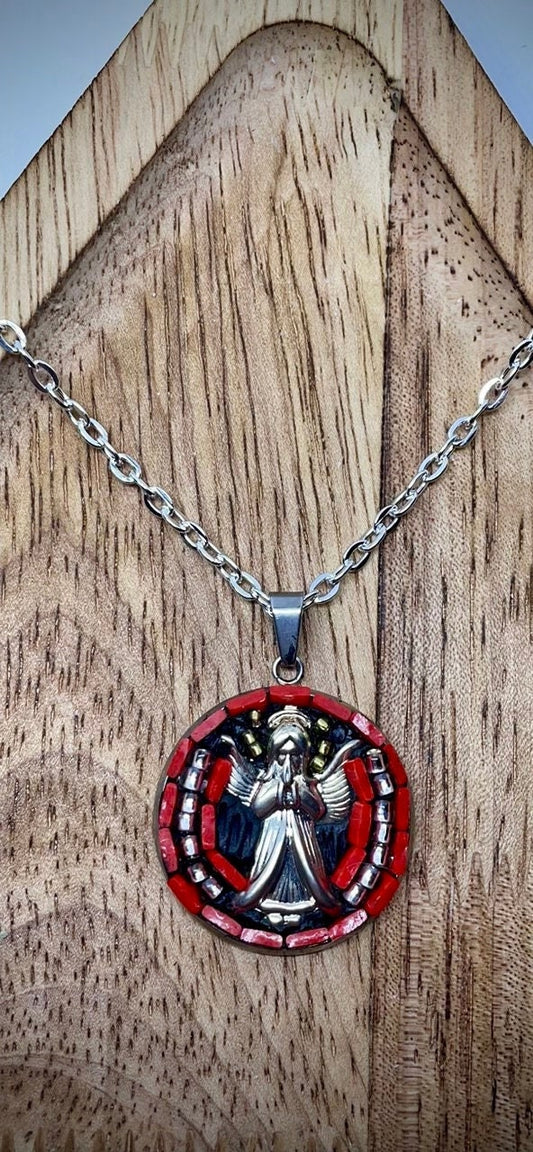 My handmade angel micro mosaic necklace with handcut glass and mixed materials