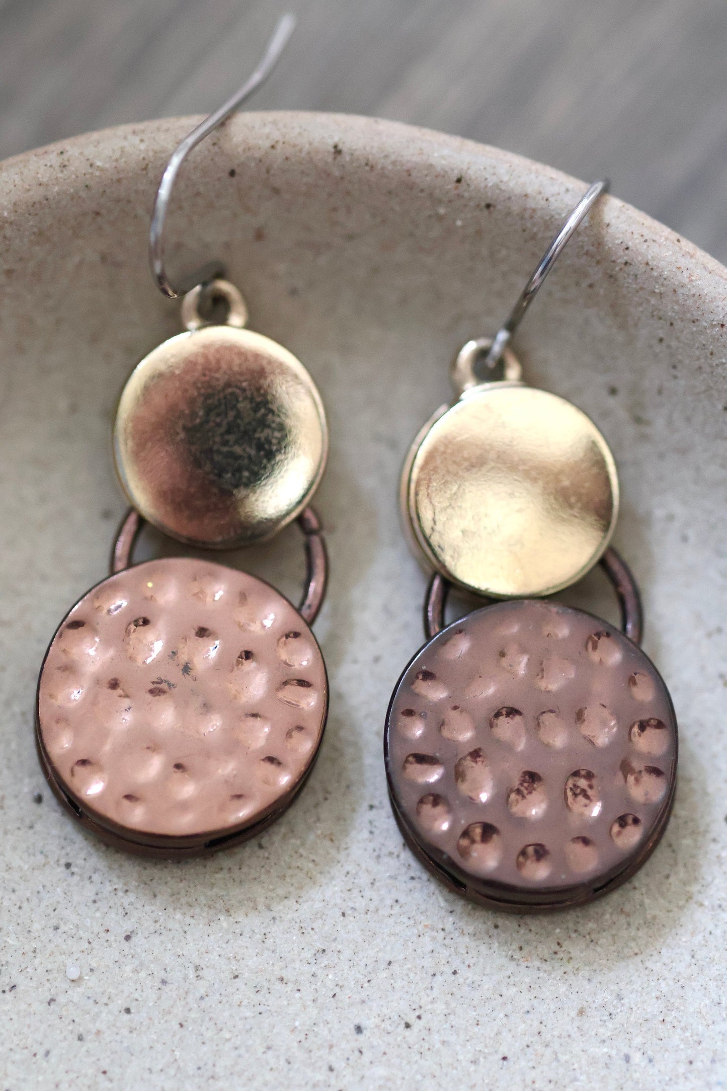 Textured coppertone metal and contrasting smooth goldtone disc unique vintage dangle earrings