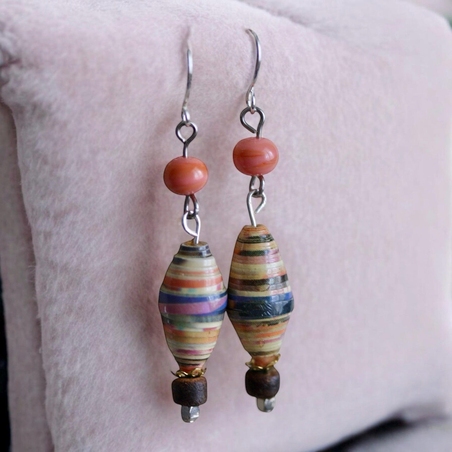 Oval rolled paper with coral glass - handmade dangle earrings - 2" long