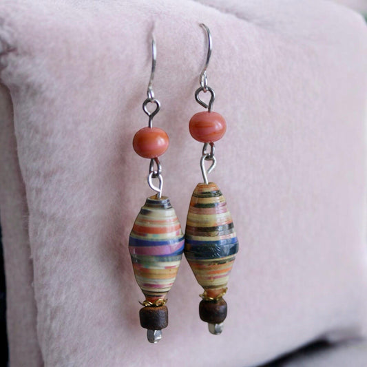 Oval rolled paper with coral glass - handmade dangle earrings - 2" long