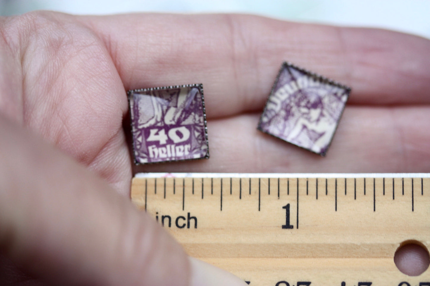 Tiny square stud earrings made from genuine antique postage stamp - 40 Heller Republic of German-Austria postage stamp issued 1919-1920