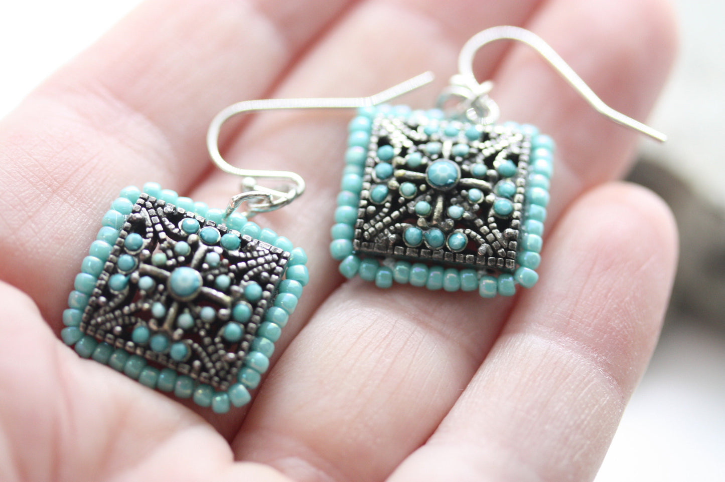 Small dangle handmade beadwork earrings - featuring vintage elements & high quality Czech glass seed beads